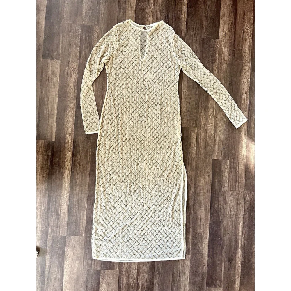 Anthropologie Sheer Maxi Beaded Column Dress Light sand Brown Size Medium - Picture 2 of 9